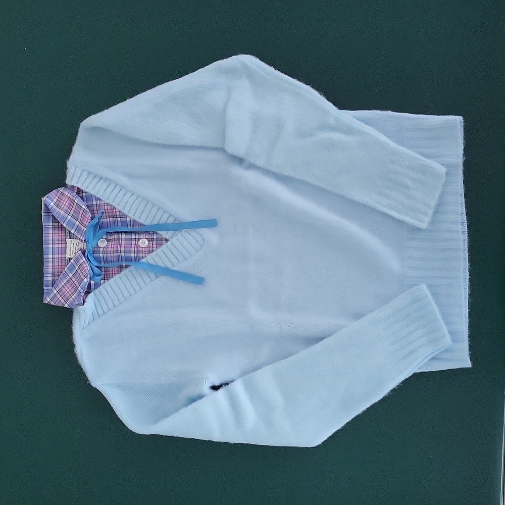 Blue Sweater with Plaid Neck and Tie